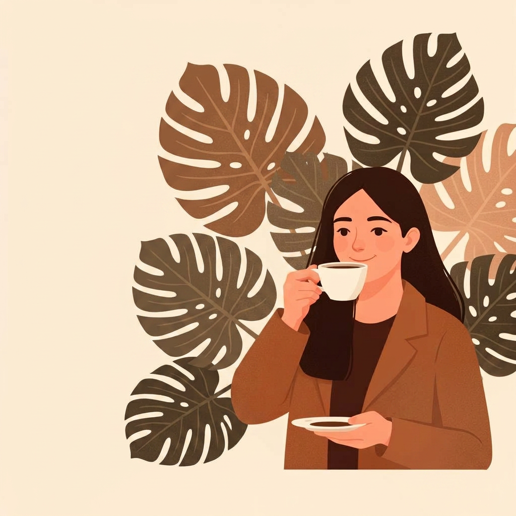 A woman enjoying a coffee beside a moka pot and monstera leaves